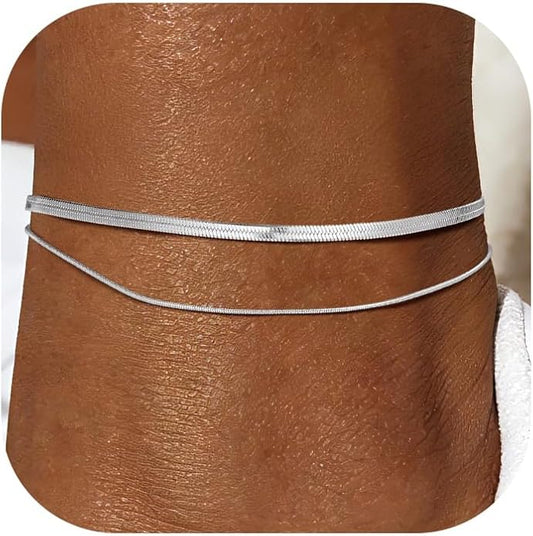 FOCALOOK 14K Gold Plated Anklets for Women Waterproof Plus Size Ankle Bracelet 8.5-10.5 Inch Adjustable Mariner/Figaro/Flat Snake/Cuban Link Chain Anklet Jewelry for Summer Beach Holiday