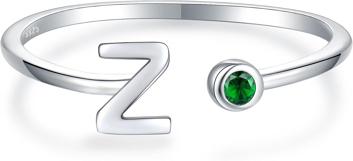 925 Sterling Silver Initial Letter Birthstone Rings for Women Adjustable 1-12 Month Birthstone Alphabet Stacking Ring for Teens Girls Stackable Birthstone Rings Birthday Jewelry Gift for Daughter Mom
