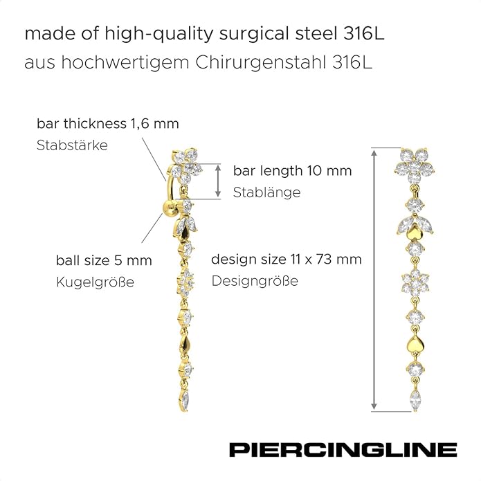 PIERCINGLINE surgical steel dangle belly button piercing with flower tendril - belly button ring surgical steel, gold, silver, rosegold piercing - new version with improved durability