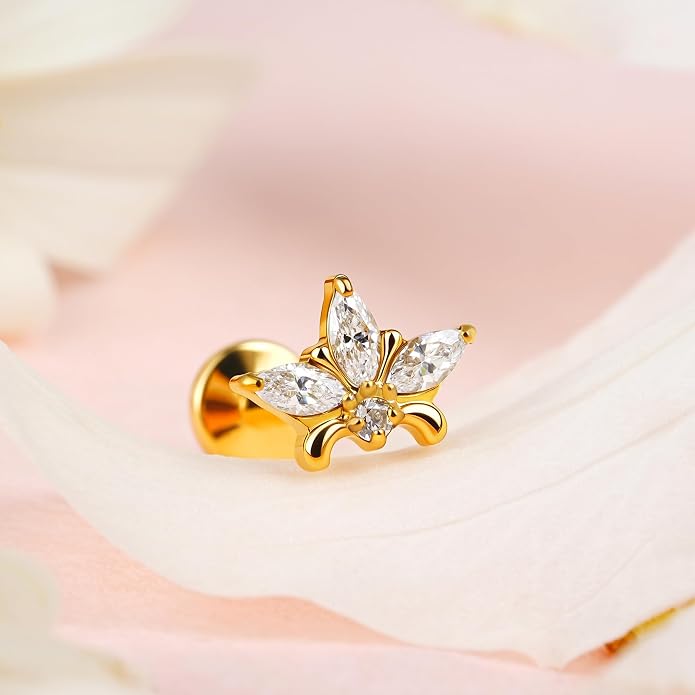 FINE4U ASTM F136 Titanium Piercing Jewelry Stud - 16G 6mm 8mm Triple Marquise Lotus Flower Cartilage Earring, Hypoallergenic Flatback Bridal Jewelry