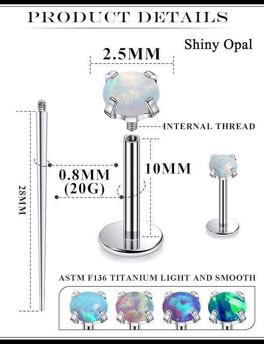 20G 18G 16G Astm F136 Titanium Internal Thread Flat Back Earrings Nose Studs Tragus Helix Conch Cartilage Lobe Earrings Medusa Labret Snake Bite Monroe Lip Ring Piercing Jewelry For Women Men