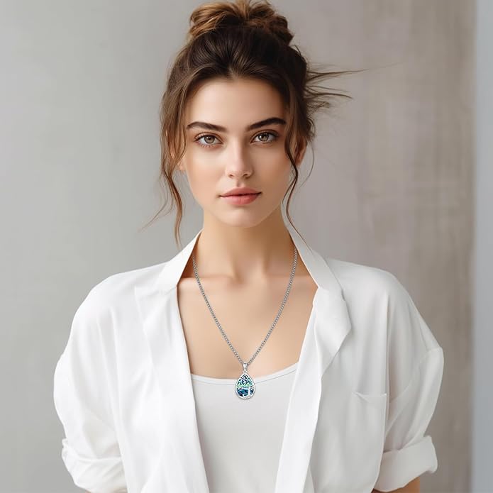 Aniu Tree of Life Necklace for Women, 925 Sterling Silver Mother of Pearl Family Palm Tree Charm Pendant Jewelry for Birthday Christmas Gift