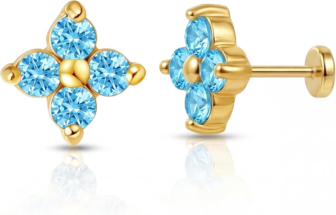 FANSING Short Threadless Cartilage Earring Stackable CZ Birthstone Flat Back Earrings for Women Small Stud Earrings for Tragus Helix Earlobe 18K Gold Plated ‌Rainbow 5.0mm