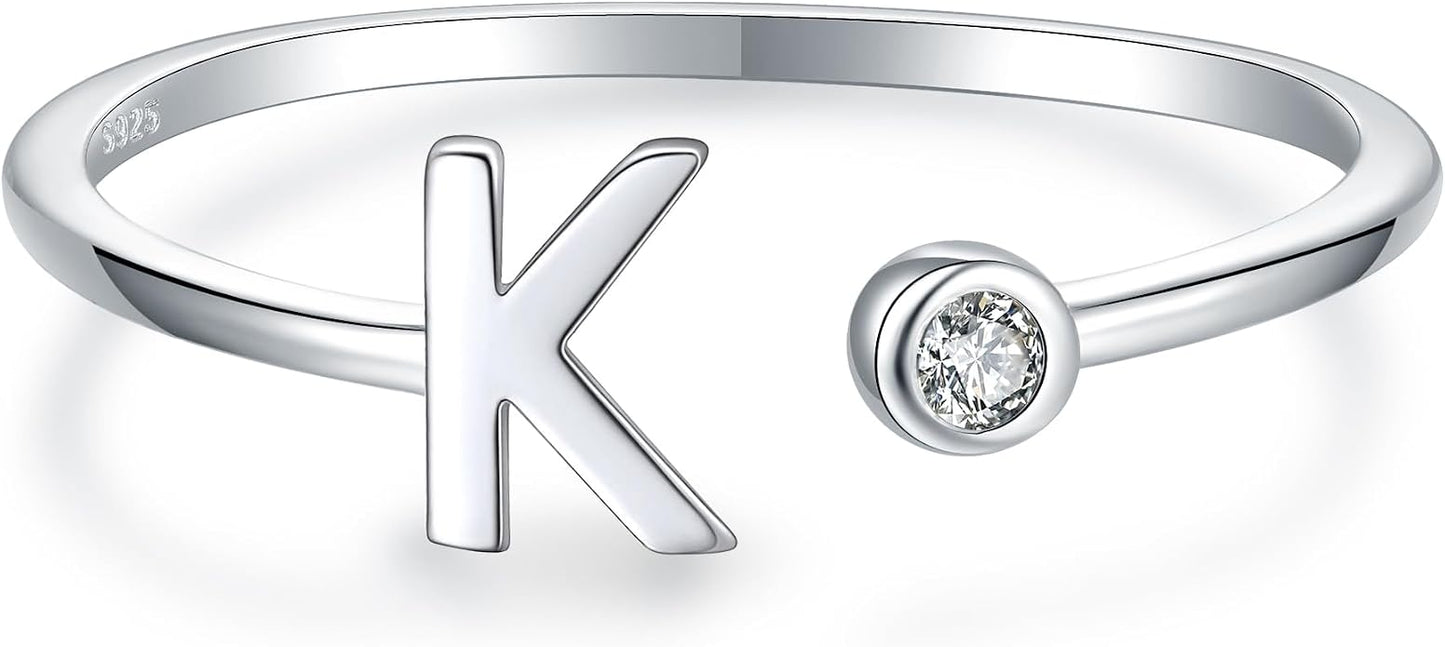 925 Sterling Silver Initial Letter Birthstone Rings for Women Adjustable 1-12 Month Birthstone Alphabet Stacking Ring for Teens Girls Stackable Birthstone Rings Birthday Jewelry Gift for Daughter Mom