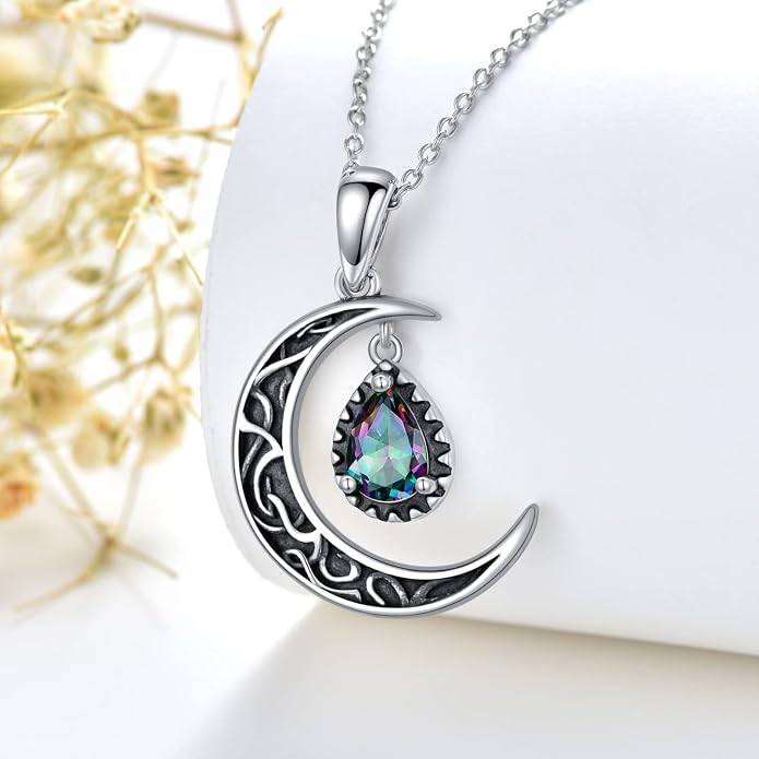 VONALA Crescent Moon Necklace Sterling Silver Emerald/Red/Purple/Black/Rainbow Topaz/Green/Aquamarine/Blue/Moss Agate Celtic Moon Teardrop Necklace Celtic Jewelry Gifts for Women Birthday