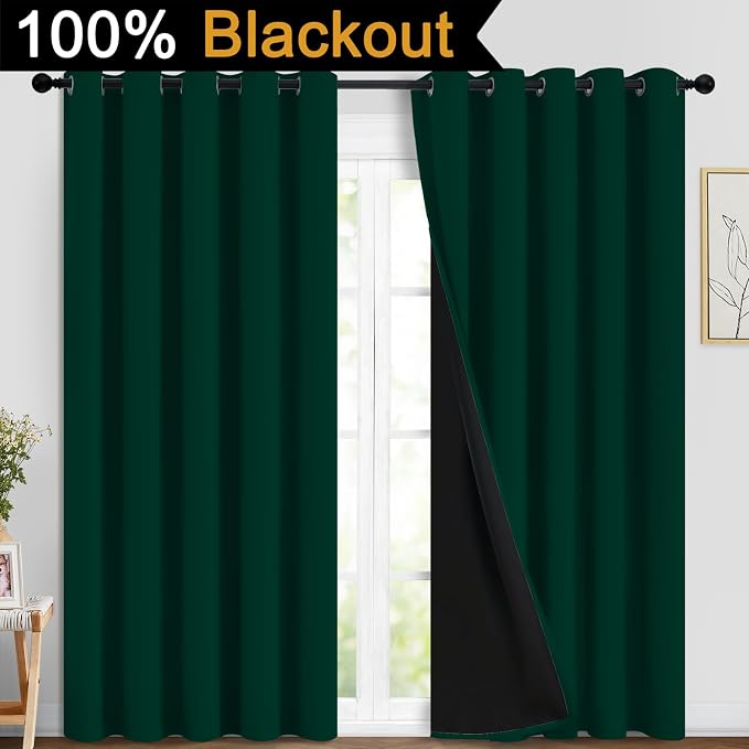 Yakamok Dark Green 100% Blackout Curtains 84 Inches Long 70" Wide 2 Panels | Blackout Curtain Panels for Bedroom, 2 Thick Layers Grommet Top Thermal Insulated Drapes with Black Liner for Living Room