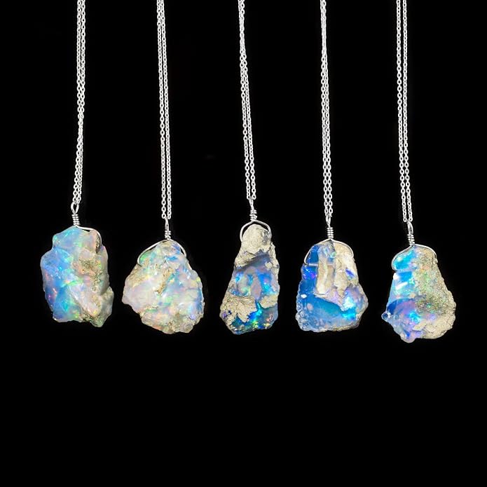 Raw Ethiopian Fir Opal Pendant Necklace for Women, Dainty Pendant, Handmade October Birthstone, Hypoallergenic Spiritual Healing Stone 925 Sterling Silver Chain 20" Birthday Gifts