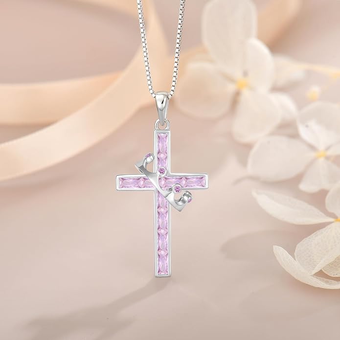 Gemstone Crown Cross Necklaces for Women, 925 Sterling Silver Rectangular cut Zircon Pendant With Rotated Crown Faith Cross Jewelry Gift