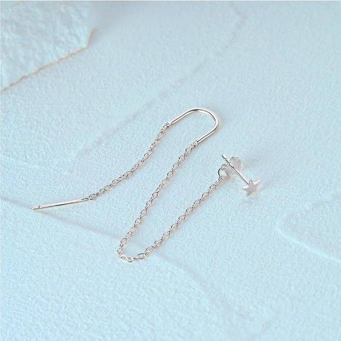 Sterling Silver Threader Chain Earrings for Women Girls Long Chains Tassel Dangle Drop Double Piercing Studs Earring Hypoallergenic Cute Birthday Holiday Travel Accessories Jewelry Gifts