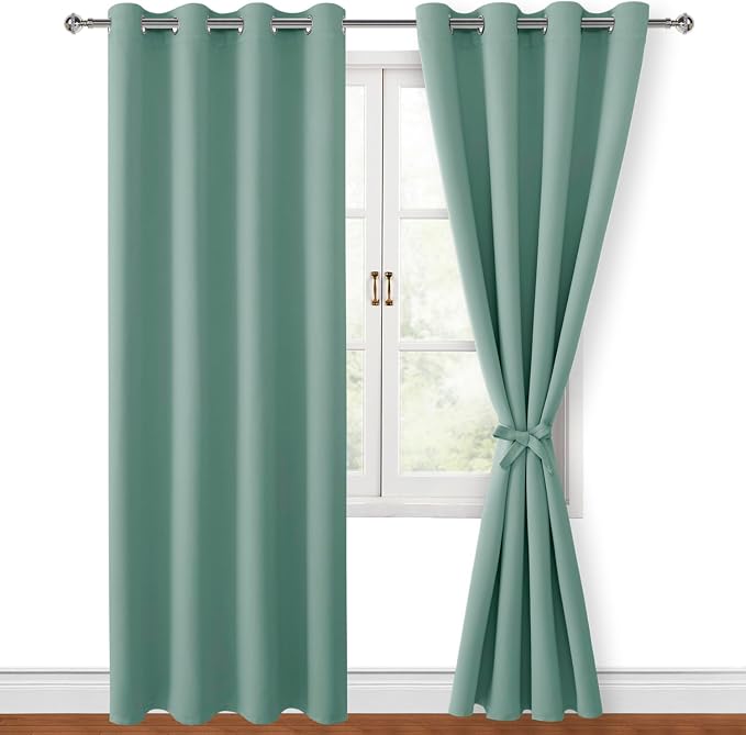 Hiasan Blackout Curtains for Bedroom, 52 x 84 Inches Long - Thermal Insulated & Light Blocking Window Curtains for Living Room, 2 Drape Panels Sewn with Tiebacks, Sage Green