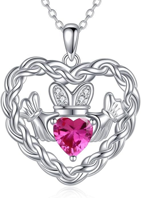 Birthstone Claddagh Heart Necklace 925 Sterling Silver Heart Celtic Knot Claddagh Necklace Pendant Irish Jewelry Gifts for Women Mom Wife Sister Christmas Birthday,18+2 inch