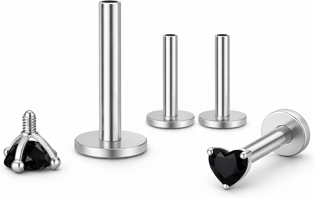 Titanium Heart CZ Labret Stud Earrings for Piercings by Ginger Lyne 6Pc Set G23 Screw Front Flat Back Body Jewelry 2 pair post 6mm, 8mm Cartilage, Helix, Tragus, Lip, Conch, Lobe