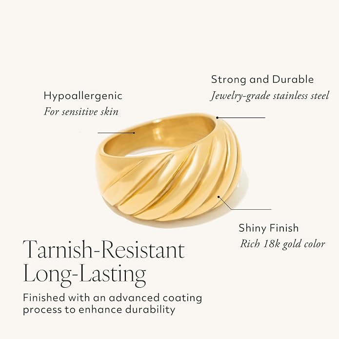 Chunky Statement Rings for Women, Wide Signet Dome Croissant Twist Band Non-Tarnish 18k Gold Plated Stainless Steel Size 5-11