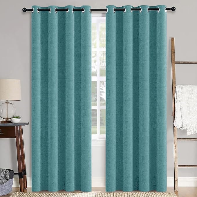 MIULEE 100% Blackout Linen Textured Curtains for Bedroom Solid Thermal Insulated Teal Grommet Room Darkening Curtains & Drapes Luxury Decor for Living Room 52 x 96 Inch (2 Panels)