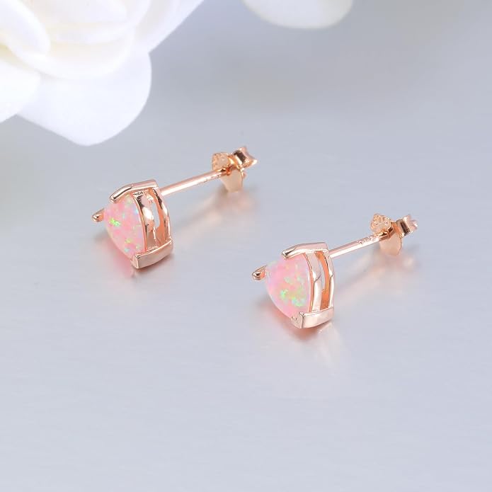 CiNily 925 Sterling Silver Stud Earrings for Women Teen, Heart Opal Stud Earrings, Dainty Cartilage Small Studs for Men, Heart Birthstone Earrings Lightweight Opal Jewelry for Mothers Day Birthday