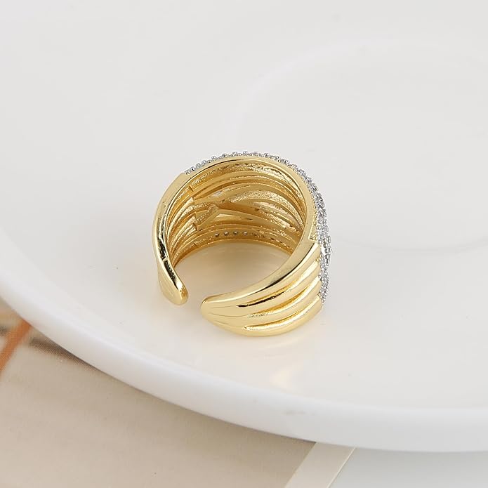 HZMAN 14K Gold Plated Brass Open Ring Collection for Women, Non-Adjustable Crystal Inlay Statement Rings, Wide Band Cocktail Jewelry Assorted Styles