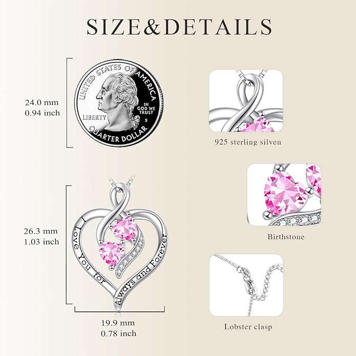 Hancock Forever Love Heart Birthstone Necklaces for Women 925 Sterling Silver Women Pendant Necklace, Mother’s Day Birthday Anniversary Jewelry Gift for Woman Mother Mom Wife Her