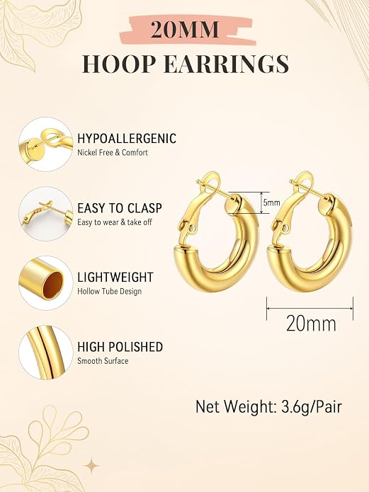 FaithHeart Chunky Hoop Earrings for Women, Silver/Black/14K Gold Plated Stainless Steel Earrings 5mm Thick Hollow Tube Hoops Hypoallergenic Lightweight Earring 20/30/40/50/60/70/80mm