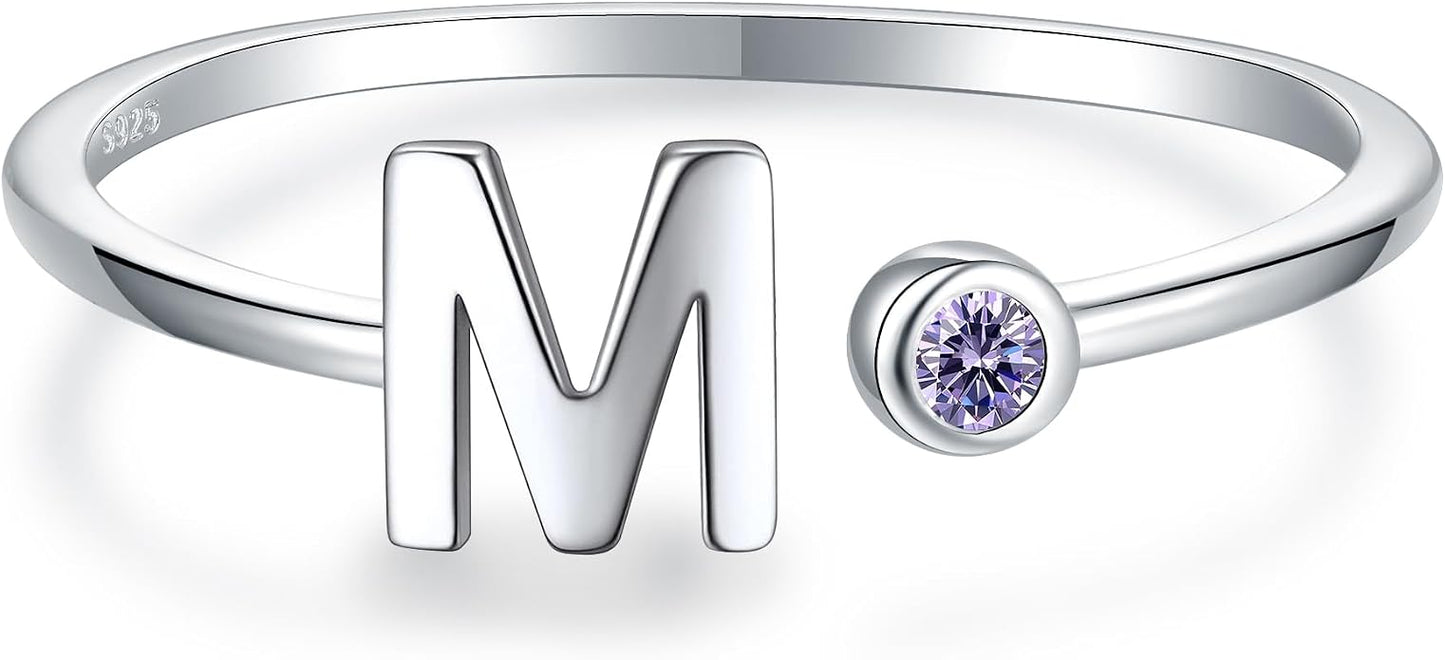 925 Sterling Silver Initial Letter Birthstone Rings for Women Adjustable 1-12 Month Birthstone Alphabet Stacking Ring for Teens Girls Stackable Birthstone Rings Birthday Jewelry Gift for Daughter Mom