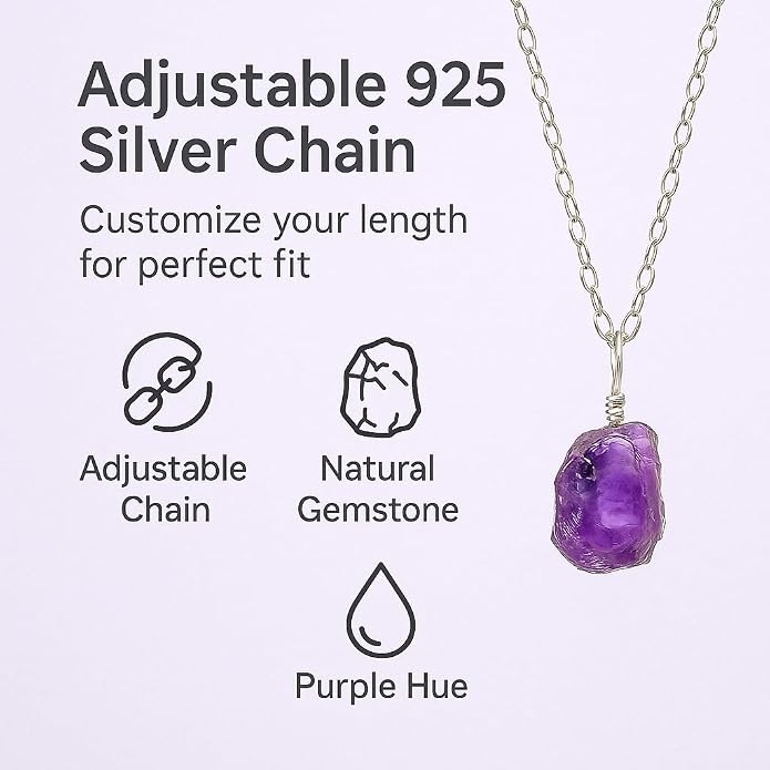 Raw Birthstone Crystal Necklace for Women, Hypoallergenic 925 Sterling Silver Pendant, Adjustable 16+2" Silver Chain, Light Natural Gemstone Jewelry for Everyday Wear & Gift for her & him