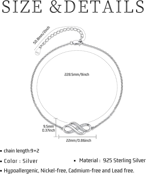 Anklet for Women 925 Sterling Silver Double Infinity Ankle Bracelet Waterproof Summer Jewelry Anniversary Birthday Gifts for Her