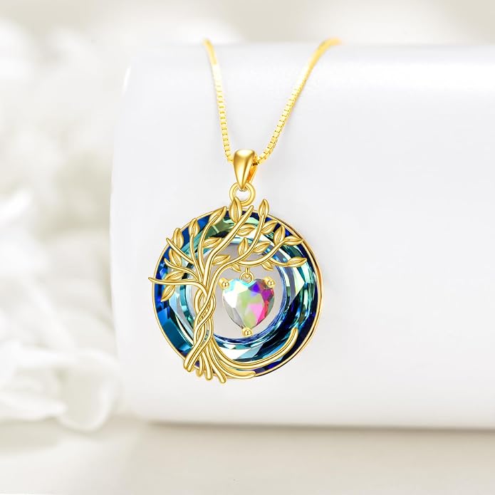 POPLYKE Mothers Day Gifts for Mom Her Wife Tree of Life Necklace 925 Sterling Silver Birthstone Pendant with Crystal Anniversary Birthday Wedding Jewelry for Women