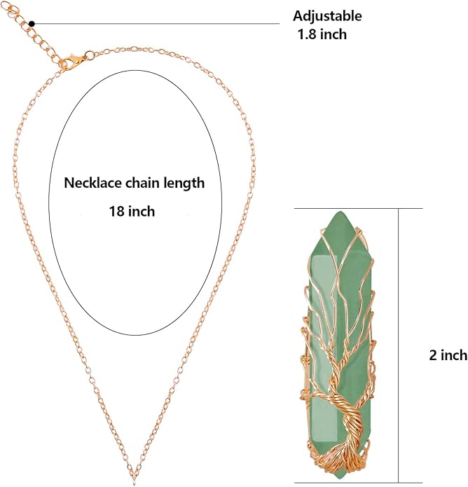 VIBILIA Healing Crystal Necklace Tree of Life Wire Wrapped Natural Stone Point Pendant Necklace Hexagonal Reiki Spiritual Quartz Gemstone Jewelry for Women Men