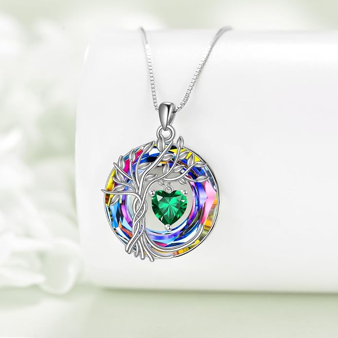 POPLYKE Mothers Day Gifts for Mom Her Wife Tree of Life Necklace 925 Sterling Silver Birthstone Pendant with Crystal Anniversary Birthday Wedding Jewelry for Women