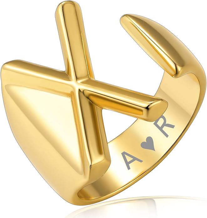 KeyStyle Bold Initial Letter Rings Adjustable, GoldChic Jewelry Women Gold Statement Ring Personalized Engraved Women’s Open Signet Ring for Party (Gold, White Gold, Black)