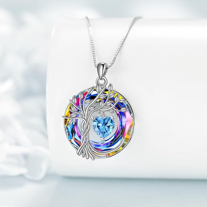 POPLYKE Mothers Day Gifts for Mom Her Wife Tree of Life Necklace 925 Sterling Silver Birthstone Pendant with Crystal Anniversary Birthday Wedding Jewelry for Women