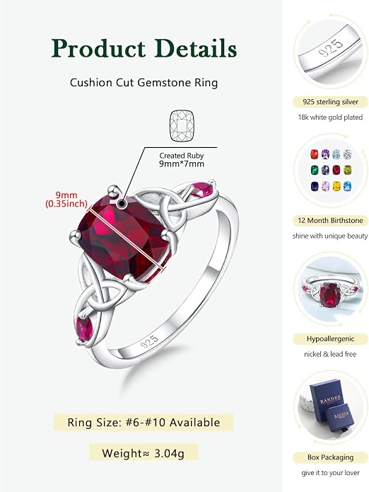 925 Sterling Silver Birthstone Rings for Women Cushion Cut Engagement Celtic Knot Ring Irish Jewelry Created Gemstone Anniversary Rings Size 6-10(with Box)