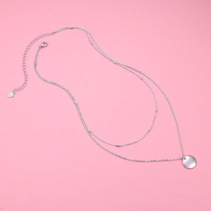 FLYOW Layered Choker Necklace S925 Sterling Silver Star Full Moon Daisy Flower Pendant Disc Jewelry Adjustable Clavicle Necklaces for Women Girls Birthday Gifts