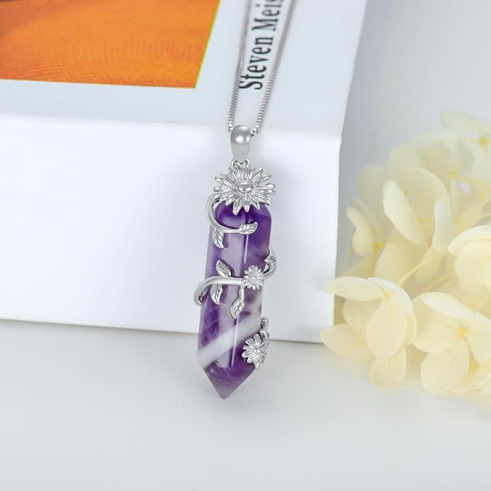 Healing Crystal Necklace 925 Sterling Silver Sunflower/Tree of Life Wrapped Pendant Reiki Energy Jewelry for Women