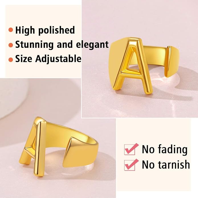 FindChic Customizable Initial Ring Statement 18K Gold Plated Fashion Cuff Rings for Women Alphabet Letter A to Z Resizable Knuckle Ring (with Gift Box)