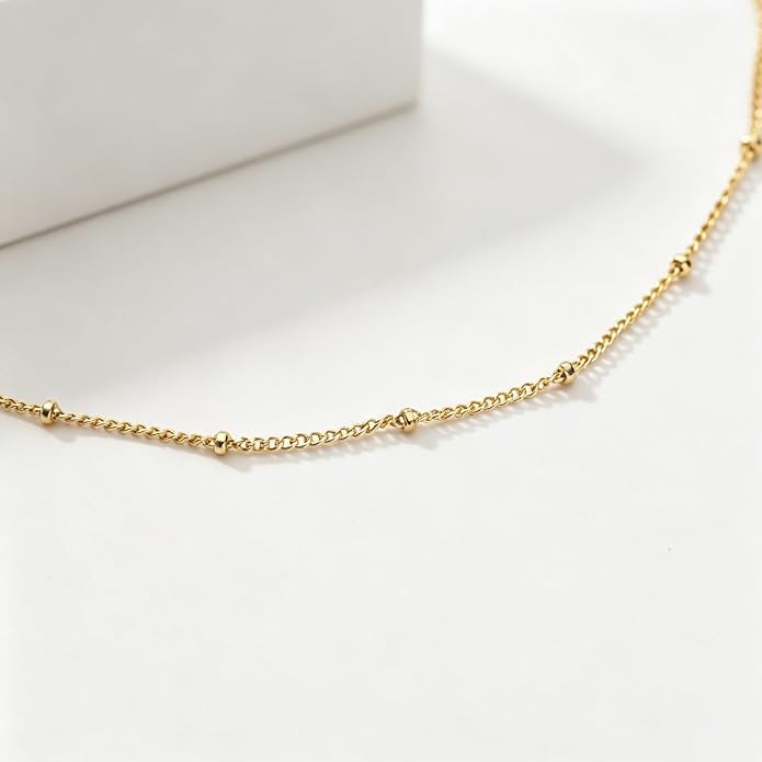 NOKMIT 14K Gold Filled Satellite Beaded Chain Neckalce for Women, Dainty 1.5mm Bead Link Choker, 16-22 Inch, Hypoallergenic, Non Tarnish, Cadenas de Oro 14K para Mujer