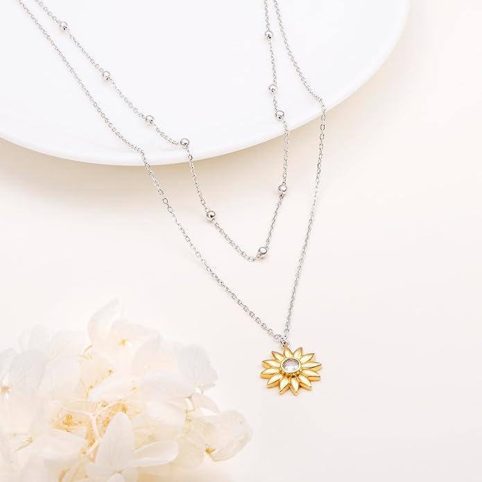 FLYOW Layered Choker Necklace S925 Sterling Silver Star Full Moon Daisy Flower Pendant Disc Jewelry Adjustable Clavicle Necklaces for Women Girls Birthday Gifts