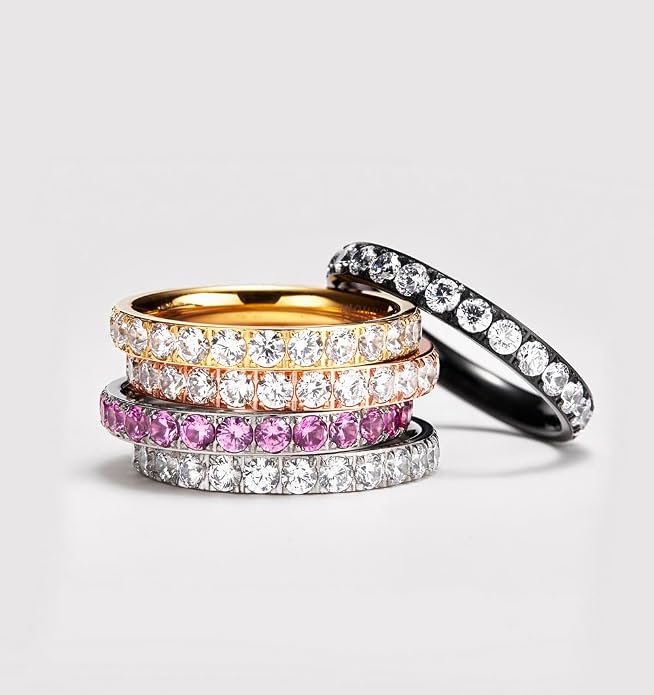 TIGRADE 3mm Women Titanium Engagement Ring Cubic Zirconia Eternity Wedding Band Size 3-13.5