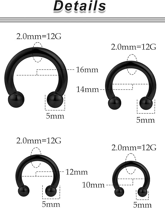 20G-00G Septum Rings Ear Gauges Earrings Stretching Kit 316L Surgical Steel Horseshoe Septum Pa Piercing Jewelry for Women 10mm 12mm 14mm 16mm