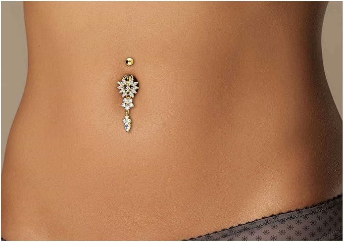 PIERCINGLINE surgical steel dangle belly button piercing with butterfly and flower - belly button ring surgical steel, gold, silver, rosegold piercing - new version with improved durability