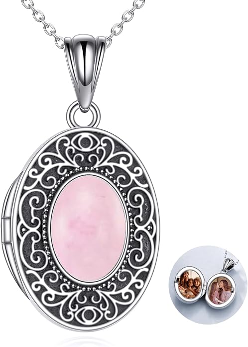 CRMAD Opal/Moonstone/Turquoise Locket Necklace for Women Sterling Silver Oval-Shaped Opal Locket Pendant Holds Pictures Always with You Vintage Style Photos Locket Jewelry Gifts for Loved One