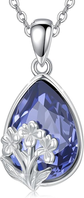 925 Sterling Silver Birth Flower Necklace with Teardrop Shaped Birthstone - 12 Colors, 12 Kinds of Flower - Ideal Birthday Jewelry Gift for Women, Mothers, Daughters & Wives