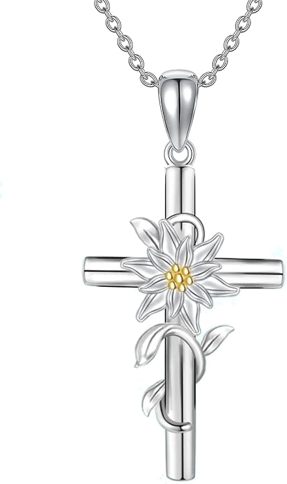 Flower Cross Necklace 925 Sterling Silver Carnation/Rose/Lily/Daisy Cross Necklace Birth Flower Jewelry for Women