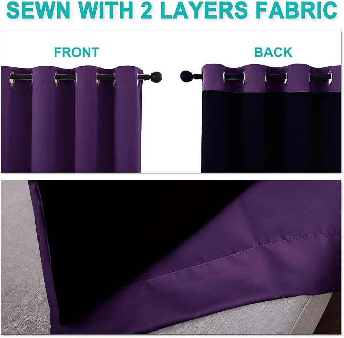 NICETOWN Royal Purple Full Shade Curtain Panels, 70 x 72 inch, Pair of Energy Smart & Noise Blocking Out Blackout Drapes for Dining Room Window, Thermal Insulated Guest Room Lined Window Dressing