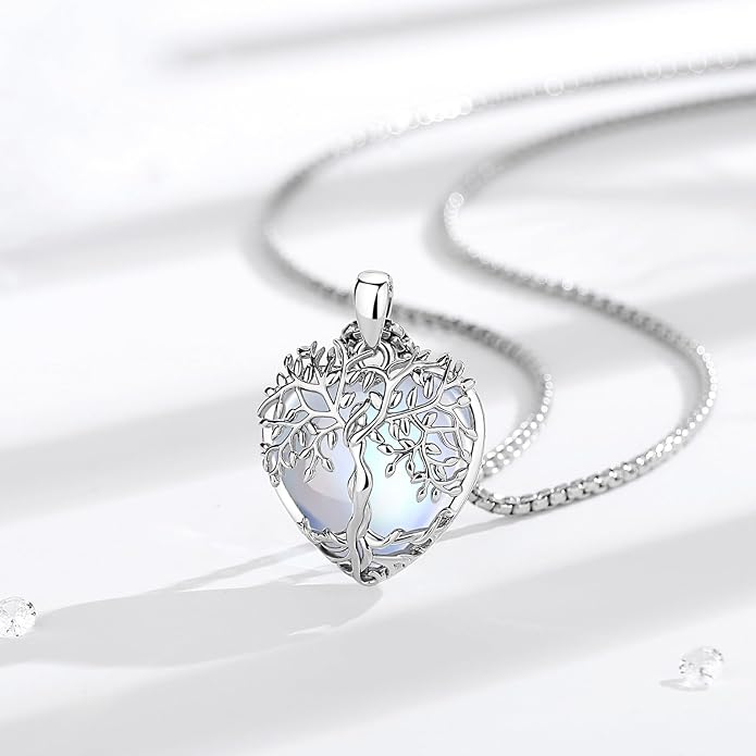 Vito Tree of Life Necklace for Women Men, Silver Plated Copper Teardrop Moonstone/Obsidian/Turquoise/Amethyst/Malachite Crystal Tree Necklace Protection Energy Amulet Jewelry Gift for Mom Wife, 20+2"