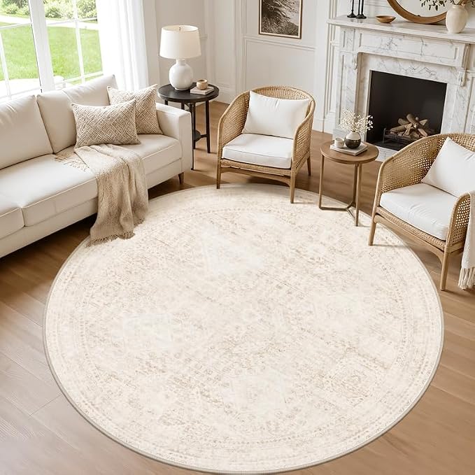 Round Area Rug for Living Room: 8ft Vintage Boho Neutral Washable Circle Rug Soft Large Circular Carpet for Bedroom Nursery Farmhouse Dining Room Office Floor Non-Slip Low Pile Under Table Rug Beige