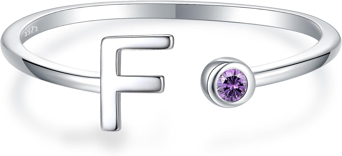 925 Sterling Silver Initial Letter Birthstone Rings for Women Adjustable 1-12 Month Birthstone Alphabet Stacking Ring for Teens Girls Stackable Birthstone Rings Birthday Jewelry Gift for Daughter Mom