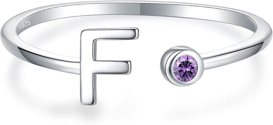 925 Sterling Silver Initial Letter Birthstone Rings for Women Adjustable 1-12 Month Birthstone Alphabet Stacking Ring for Teens Girls Stackable Birthstone Rings Birthday Jewelry Gift for Daughter Mom
