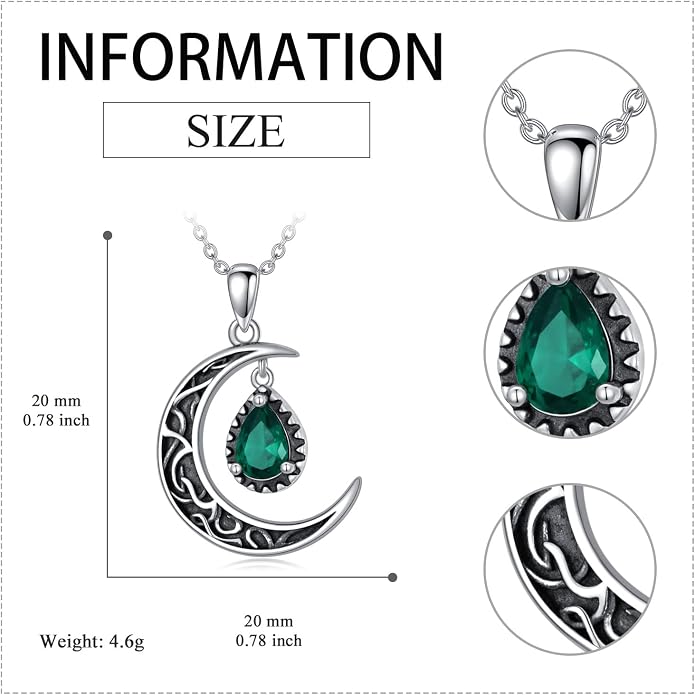 VONALA Crescent Moon Necklace Sterling Silver Emerald/Red/Purple/Black/Rainbow Topaz/Green/Aquamarine/Blue/Moss Agate Celtic Moon Teardrop Necklace Celtic Jewelry Gifts for Women Birthday