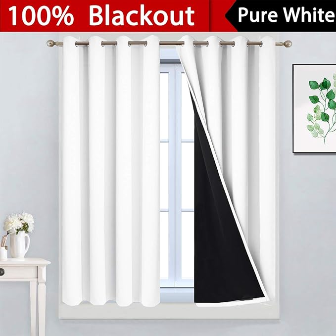 Yakamok Pure White 100% Blackout Curtains 45 Inches Long 52" Wide 2 Panel | Blackout Curtain Panels for Bedroom, 2 Thick Layers Grommet Top Thermal Insulated Drapes with Black Liner for Living Room