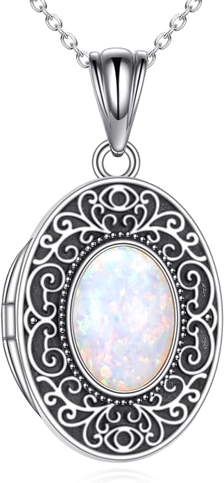 CRMAD Opal/Moonstone/Turquoise Locket Necklace for Women Sterling Silver Oval-Shaped Opal Locket Pendant Holds Pictures Always with You Vintage Style Photos Locket Jewelry Gifts for Loved One